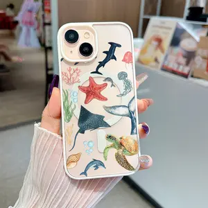 Ocean Creatures Sharks Turtles Dolphins Starfish Rays Jellyfish Seashell Magnetic Phone Case for iPhone 17 Pro Max Air 16 16e 15 14 Plus 13 12 11 X XS Pattern MagSafe Transparent Acrylic Back TPU Edges Drop-Proof Lightweight Cover Valentine's Day Gift 2D