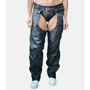 Women's Distressed Black Leather Assless Chaps with Snaps and Zipper Leg Closures