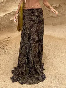 Women's Vintage Walnut Flower Print Bodycon Half-Long Dress, Ethnic Bohemian Style Pleated Mesh Maxi Long Skirt, Perfect for Travel and Daily Dates, Boho Casual Skirt