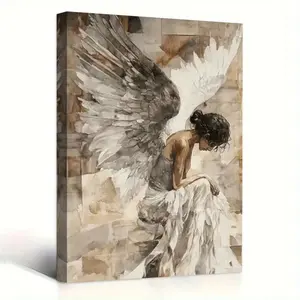 2D Flat Painting, 1 Piece Framed Angel Wings Hanging Painting - Vertical Wooden Edged Frame, Simple Angel Design with Exquisite Wings, Tranquil Vertical Wall Decoration, Suitable for Living Room, Bedroom, Office - Christmas Angel Art, Vertical Space Decor