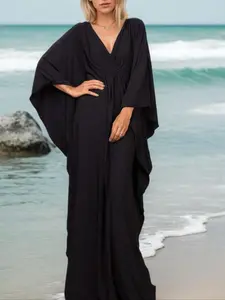 【Plus Size】 Solid Color Batwing Sleeve Dress, Chic Modest V Neck Long Sleeve Dress for Beach Holiday Vacation, Women's Islamic Clothing for All Seasons, Batwing Sleeve Kaftan