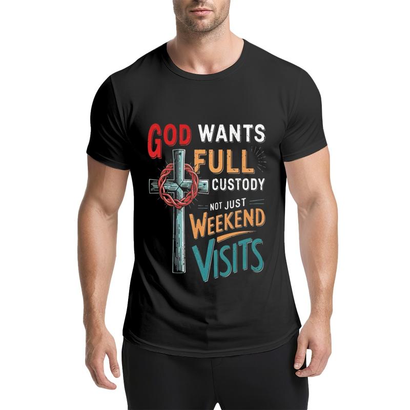 Men's Christian Bold Graphic Menswear T-Shirt - Classic Fit Crew Neck Shortsleeve Tee, Medium Length Casual Streetwear Top with God Wants Full Custody Cross Print, Foldable Faith Wear, Machine Washable, Standard Sizes Sohochic