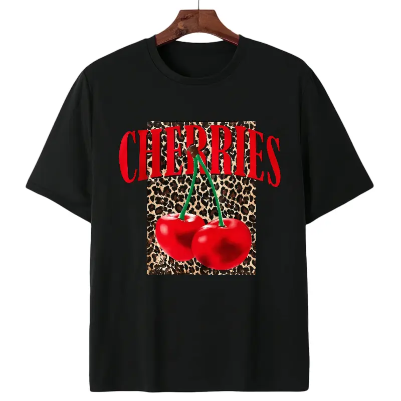 Edgy Leopard Cherries T-Shirt | Casual Retro Cherry Print Tee For Her