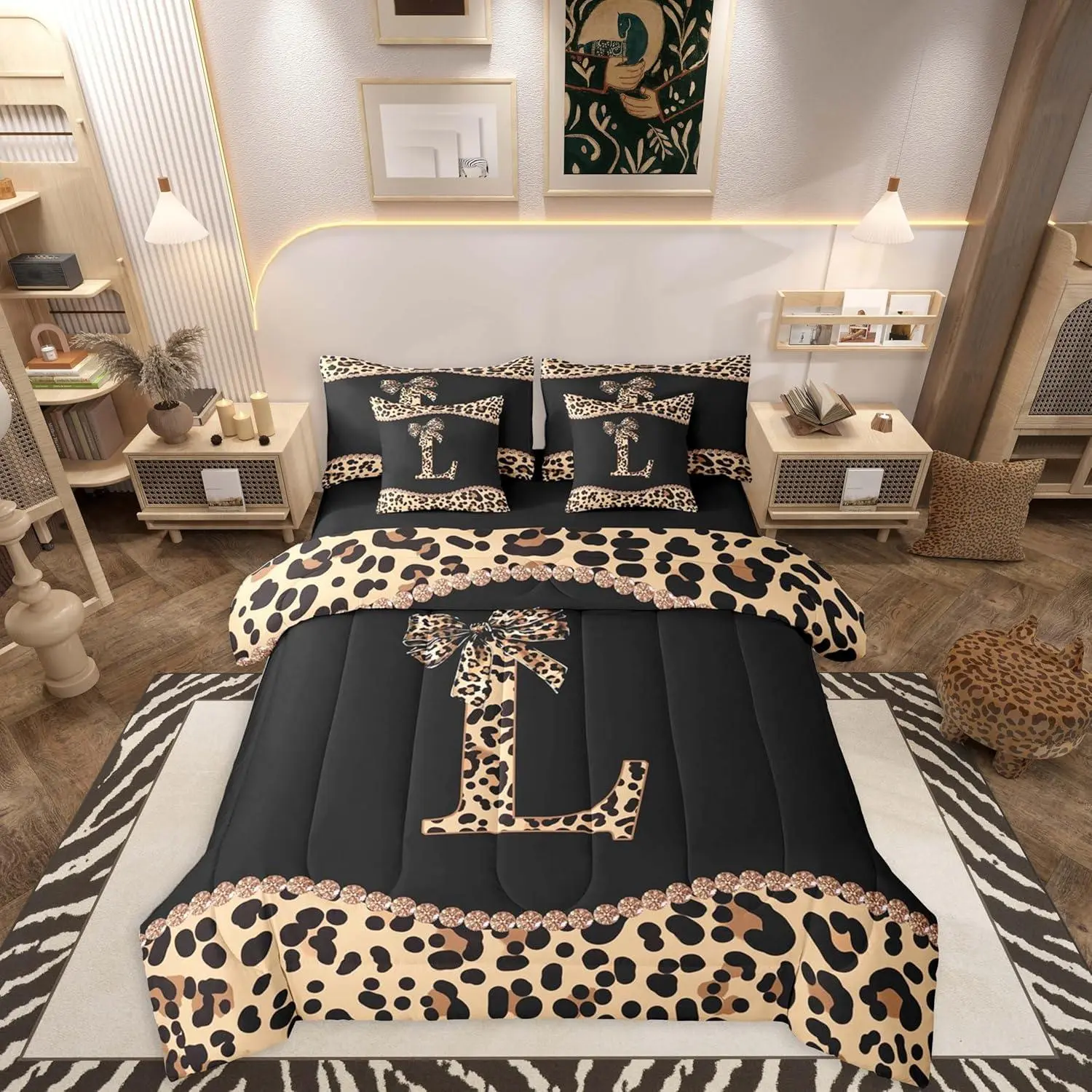 Feelyou Queen Microfibre Decorative 7-Piece Bedding Set - Bedsheet Sets Included, Leopard Print, Bow Initial Letter, Coquette Design, Storage Bag for Teen Girls