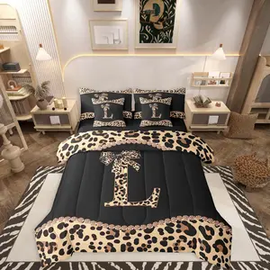 Leopard Print Bow Comforter Bed Set with Letter Initial Coquette Cheetah Bow Bed Bag,Modern Trendy Fashion 7 Piece Bedding Set,Teen Girl Alphabet Bed Set