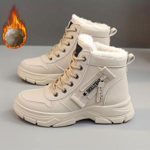 soft plush lining Women's Fashionable Letter Label Design Lace Up Mid-calf Boots 2025 New Style Casual Warm Thick Sole Winter Boots for Daily Wear Female All-match Trendy Fur Boots
