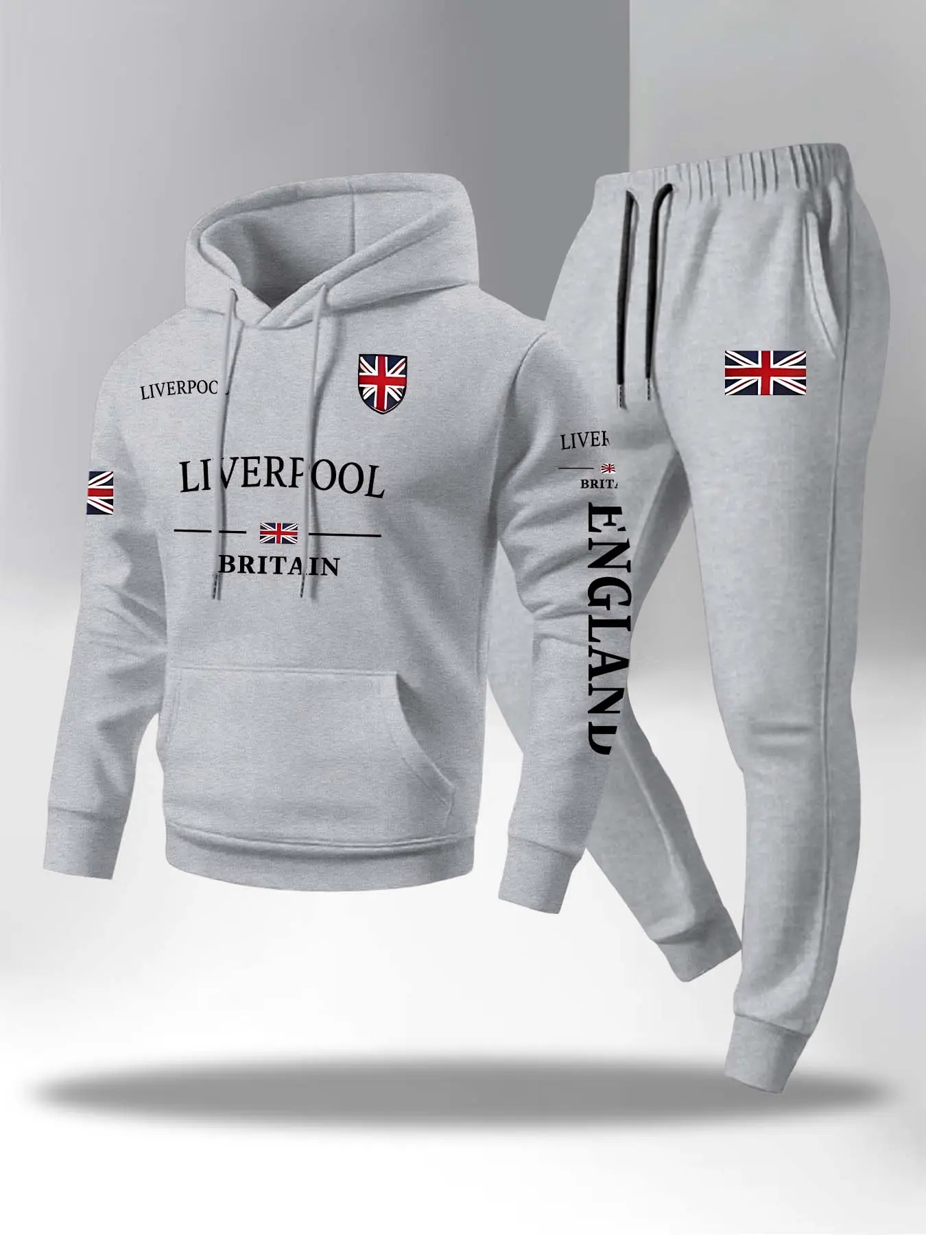 Men's Liverpool Letter Print Hoodie Set, Kangaroo Pocket Drawstring Hooded Sweatshirt + Waistdrawstring Pants, Fall & Winter Casual Fashion