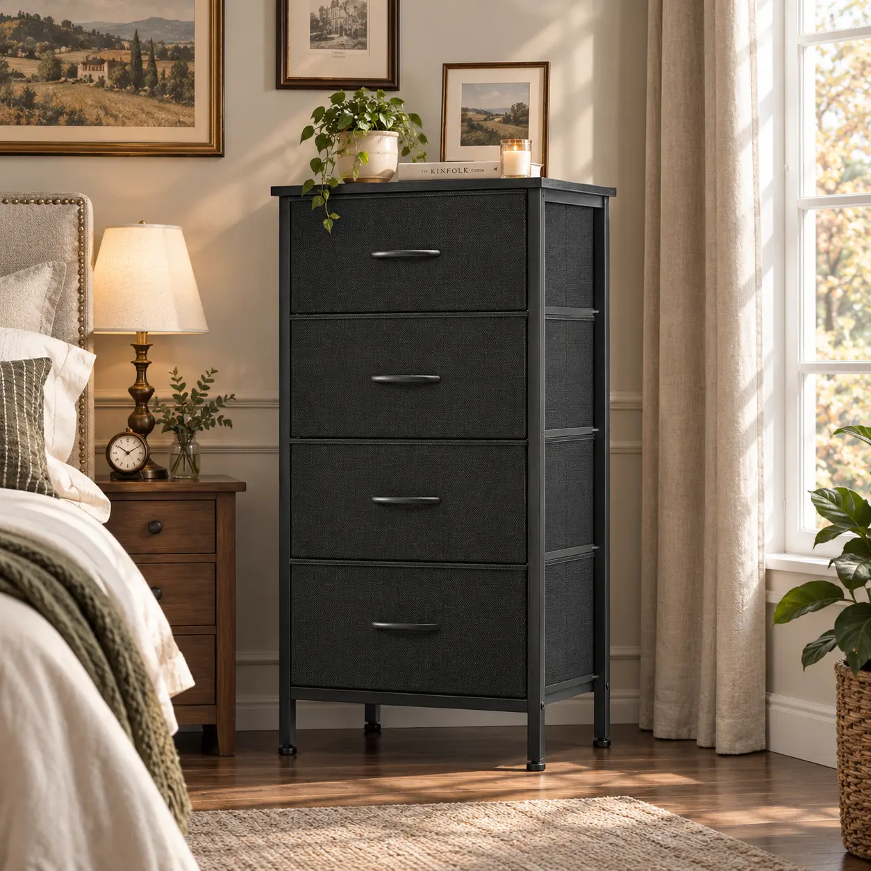 Sturdy Modern Skinny Fabric Dresser - 4-Drawer Bedroom Dresser, Compact Indoor Furniture for Small Spaces, Closet Storage & Bedroom Organization