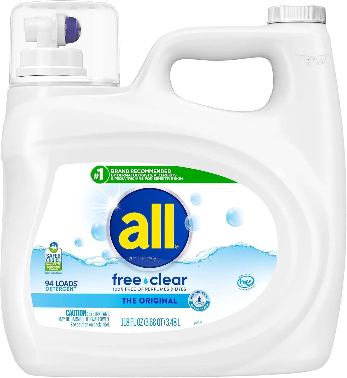 all Liquid Laundry Detergent Free Clear, Unscented, 118 Ounce, 94 Loads | Controls static cling, hypoallergenic formula, dye and fragrance free, dermatologist tested, gentle on skin