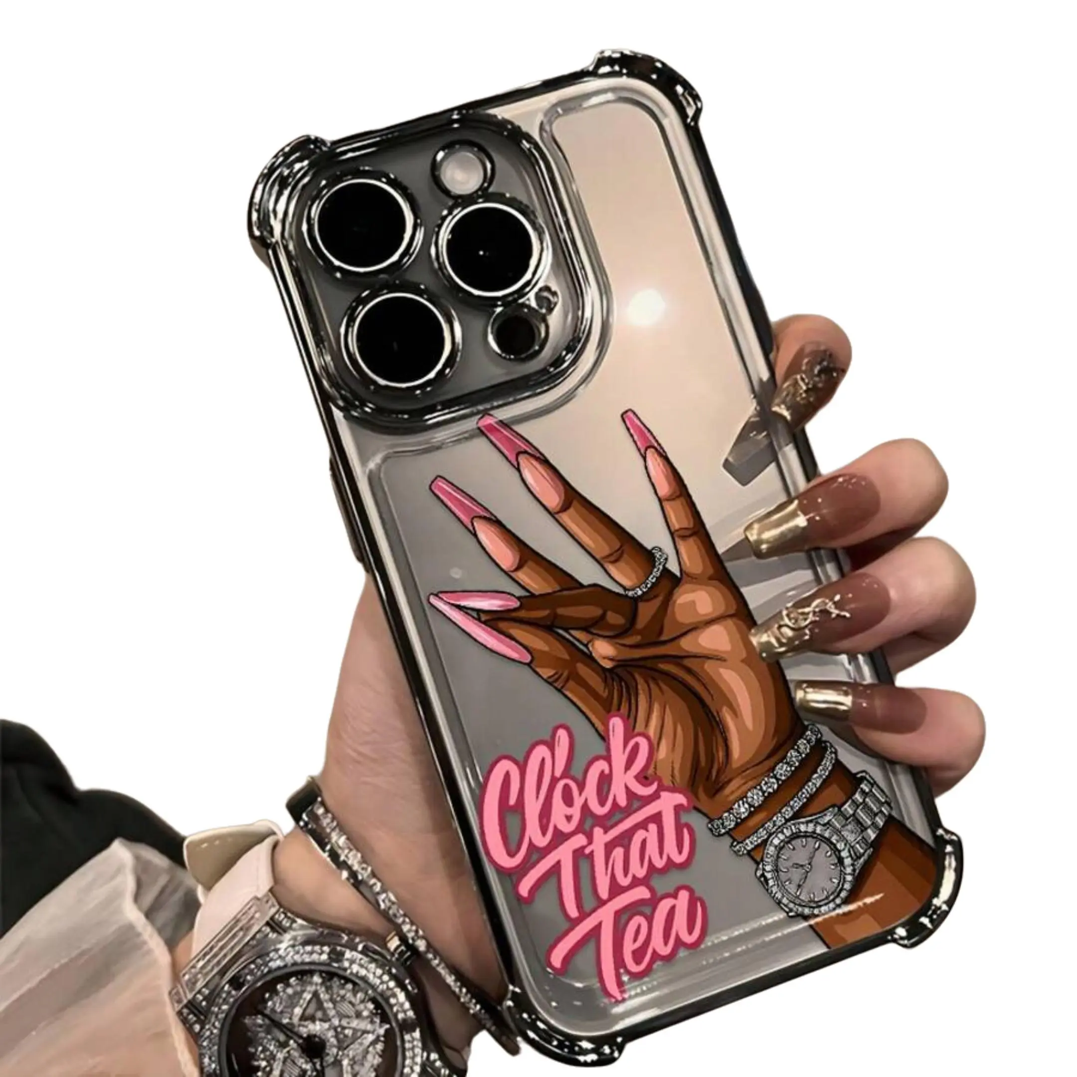 Y2K Bling Hand Nails Magnetic MagSafe Phone Case, "Clock That Tea" Pink Letter Mirror Electroplated Shockproof Protective Cover for iPhone 17/16/15/14/13/12/11/XS/XR/X/8/7/6S Mini/Plus/Pro/Pro Max/SE & Samsung Galaxy S25/S24/S23/S22 Ultra