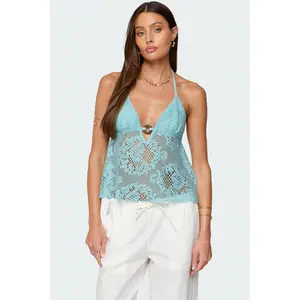 Sheer Crochet Babydoll Halter Top