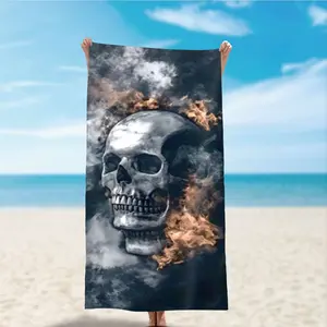 Multifunctional Microfiber Beach Towel, Dark Flame Skull Design, Soft Quick-Dry Absorbent, Ideal for Travel, Camping, Hot Springs, Daily Use