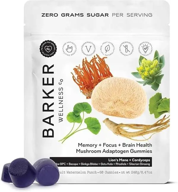 Barker Wellness Mushroom Gummies for Memory & Focus – Lion's Mane, 60ct