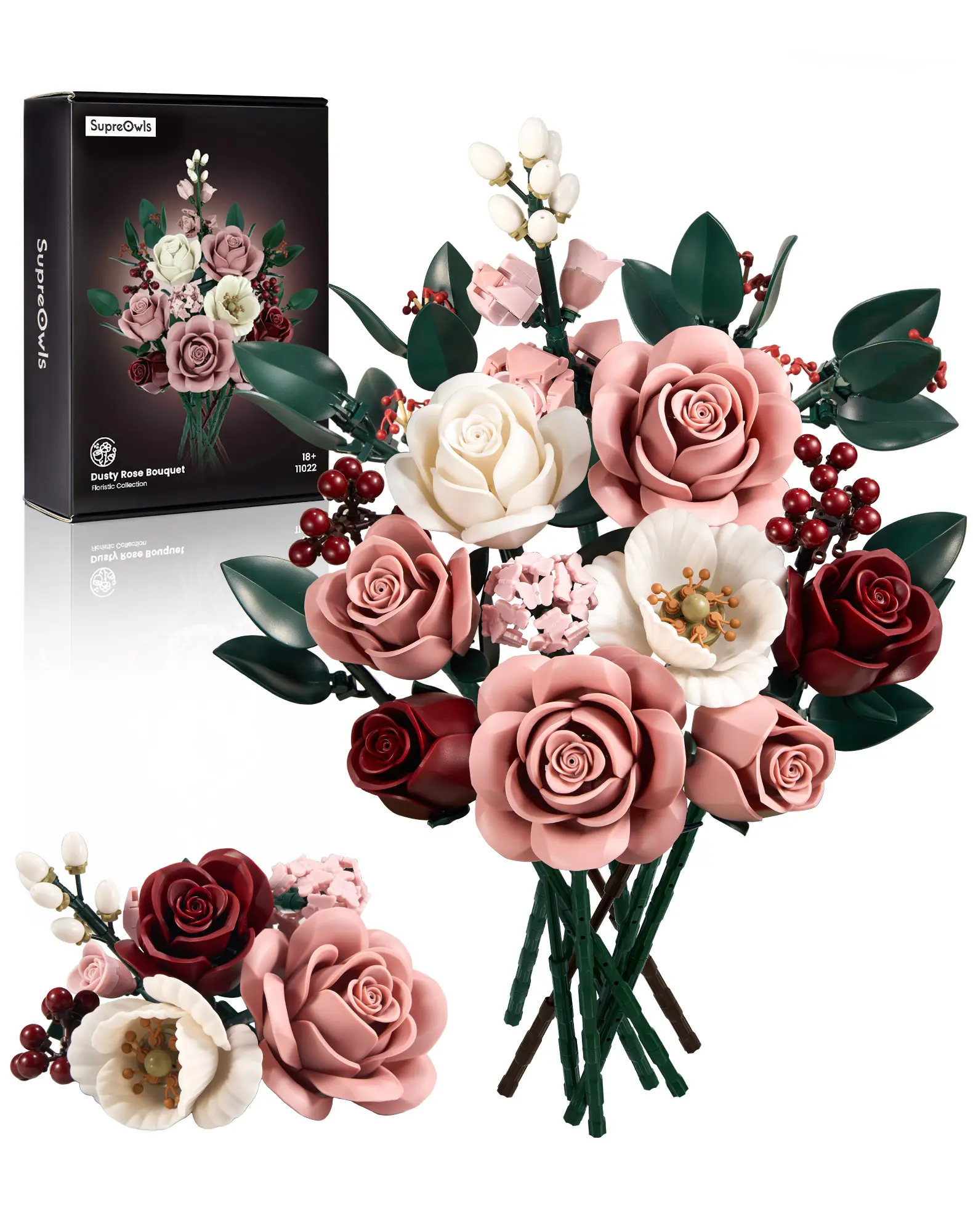 Supreowls Soft Pink Romance Pink Rose Flower Bouquet Building Set - ABS Plastic Botanical Blocks Kit for Adulting Women, Decorative Ornaments, Valentine’s Day Gift