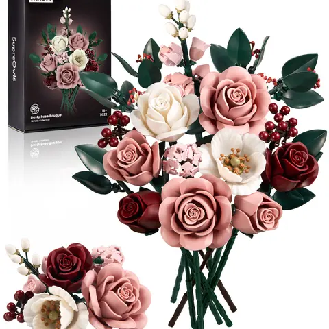 Supreowls Blush Pink Artificial Roses Bouquet Building Set - ABS Plastic Botanical Blocks Kit, Detailed Pieces, Beginner-Friendly, Lifelike Fake Plant, Fake Silk Roses, Plants, Ornaments, Decor, Adults' Anniversary Craft Gift