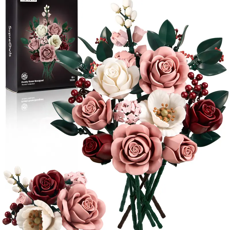 Supreowls Blush Pink Artificial Roses Bouquet Building Set - ABS Plastic Botanical Blocks Kit, Detailed Pieces, Beginner-Friendly, Lifelike Fake Plant, Fake Silk Roses, Plants, Ornaments, Decor, Adults' Anniversary Craft Gift