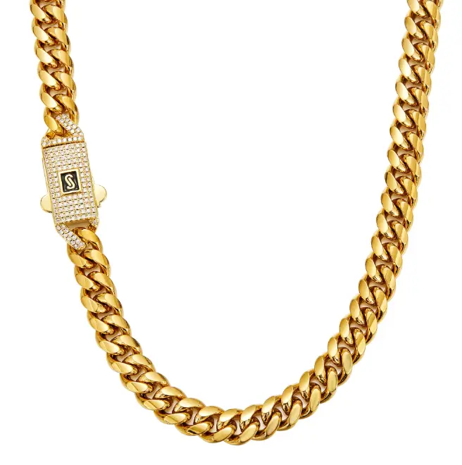 14K Gold plated 14mm cuban link chain with S-Label square diamond clasp, Hip Hop style Men's necklace, Anti-Tarnish waterproof streetwear jewelry