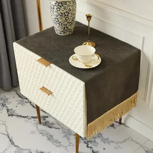 -Thick Pet Scratch-Resistant Nightstand Cover,Charcoal Gray Velvet End Table Runner with Gold Tassels,Non-Slip&Wrinkle-Resistant Tablecloth for Bedroom or Living Room,43.3" L x 15.7" W