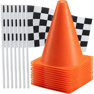 Race Car Birthday Party Decorations - (36 Pcs) 12 8-Inch Orange Mini Cones for Kids & 24 Black & White Checkered Flags on Sticks - Race Car Themed Birthday Party Decor & Centerpiece Supplies