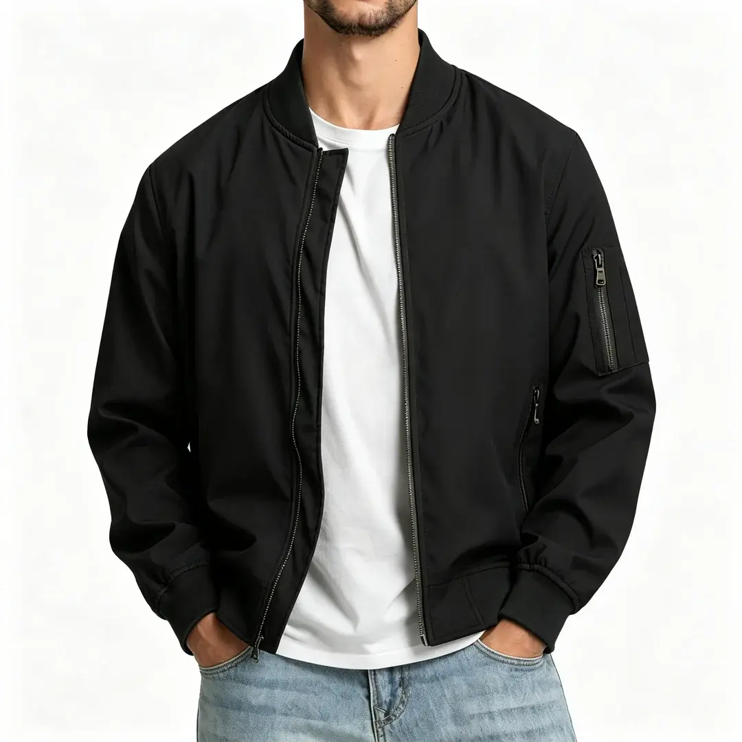 Gihuo Men's Lightweight Bomber Jacket, Casual Flight Jacket for Men with Full Zip Closure, Ribbed Collar and Cuffs, Zipper Sleeve Pocket, Windbreaker Coat for Spring Fall Streetwear Oversize Black