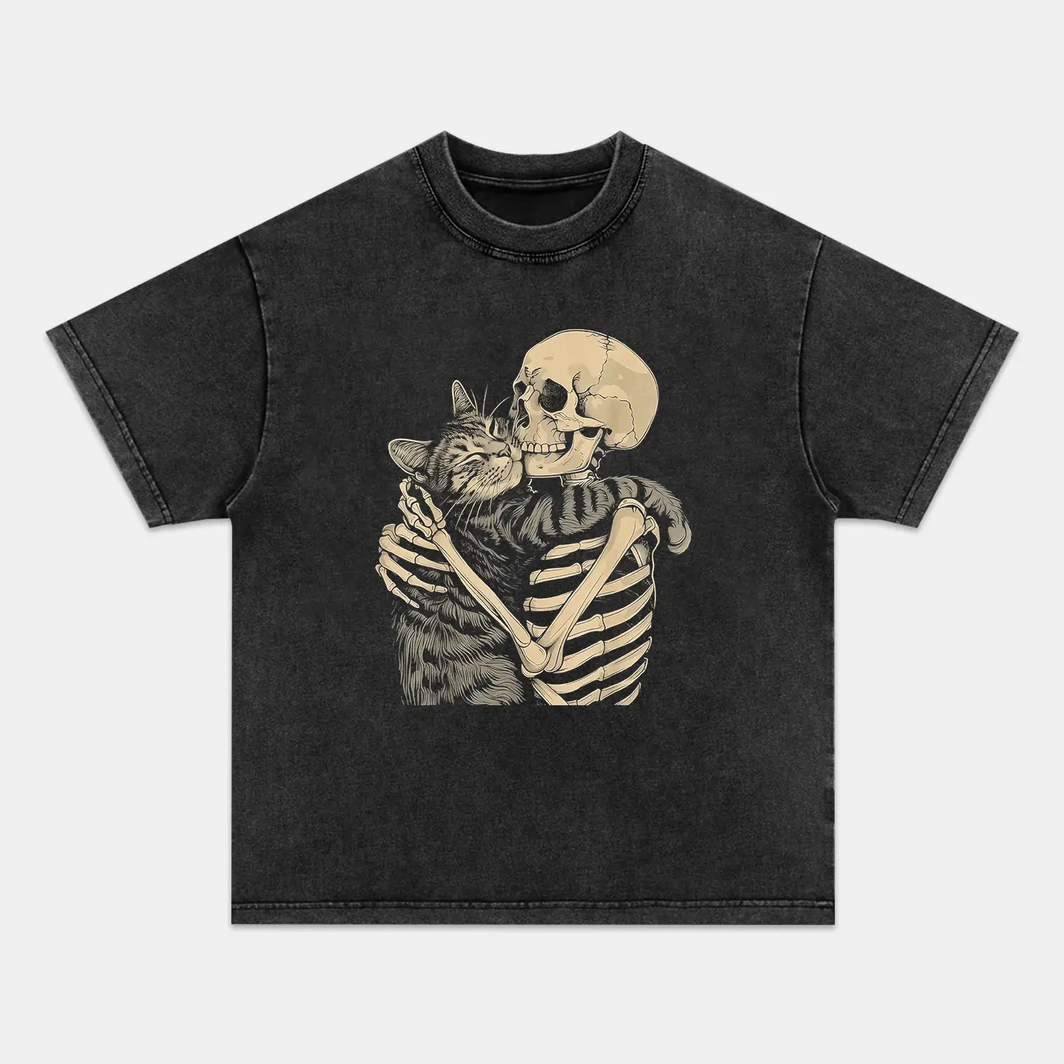 Skeleton Hugging Cat T-shirt, Unisex Vintage Crew Neck Regular Fit Cotton Fabric Casual Breathable Short Sleeve Funny T-shirts Fashion Men&Women's Top for Streetwear 091003