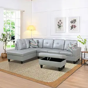 Elegant Dusty Silver Heavy-Duty Breathable Semi PU Leather 3-Piece Multi-Functional Sofa Bundle, Minimalist Luxury Accent Guest & Family Room Seating