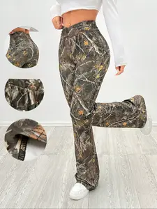 Women's Slim Fit Flared Bell Bottoms Trousers with Cross Waist Design, Comfortable Casual Pants for Everyday Wear, Trendy Camouflage Pattern