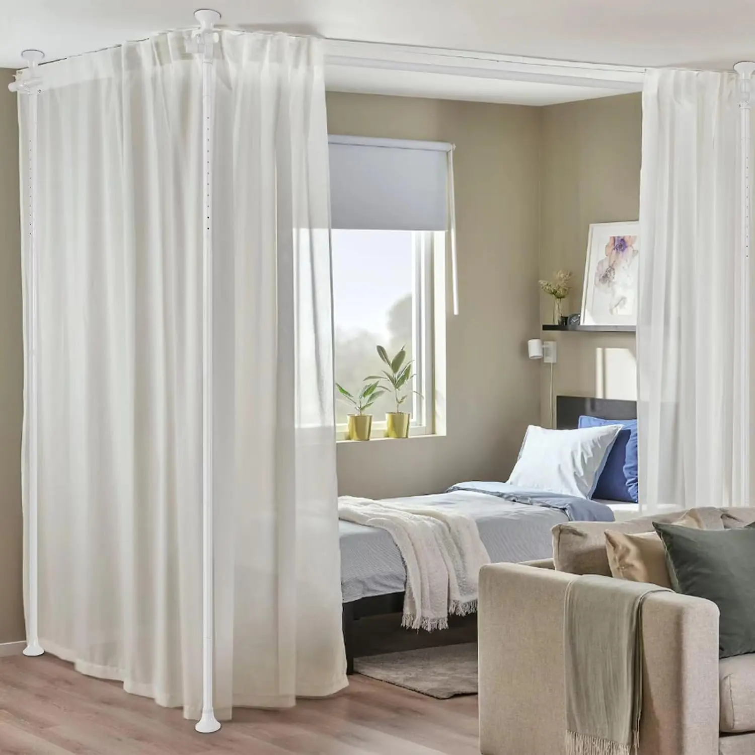Room Divider, No Drilling Curtain Rods Wall Divider for Room Separation, 120" Tall 114" Wide Adjustable Floor to Ceiling Hanging Partition Room Dividers, Long Heavy Duty Room Divider Curtain Rods