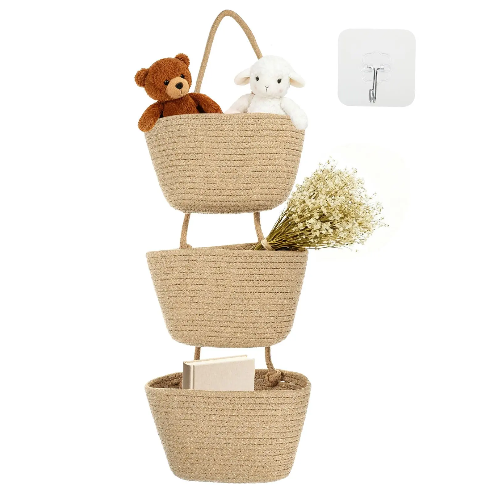 3-Tier Over-The-Door Cotton Rope Woven Hanging Basket - Wall-Mounted Cleaning Storage Organizer for Kitchen, Bedroom