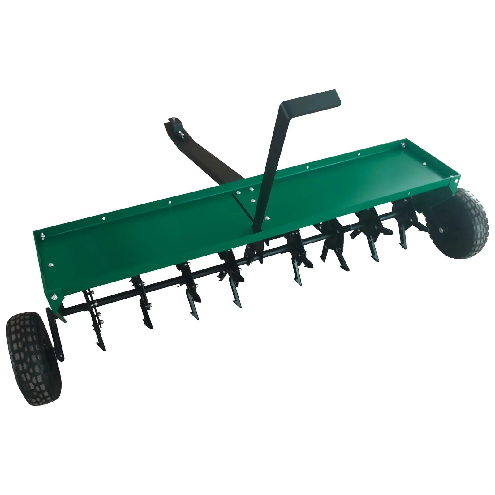 Garvee 48 in Tow-Behind Core Aerator Tool for Lawns, Heavy-Duty Pull-Behind Plug Aerator with Universal Hitch, 3 in Spikes, Inflatable Wheels for Grass Yards & Clay Soil, Green