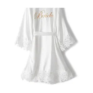 Bride Robe for Wedding Day Lace Bridal Bathrobe Kimono Robe Embroidery Silky Satin Bathrobe Wedding Party Sleepwear