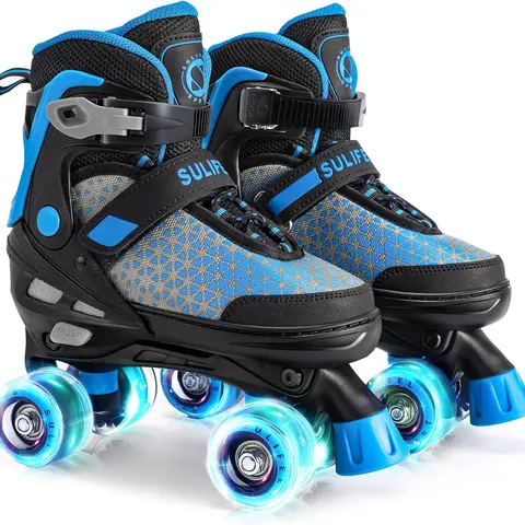 SULIFEEL Unisex Adjustable Quad Roller Skates for Kids - 4 Adjustable Sizes, Colorful Light-Up Polyurethane Wheels, ABEC-7 Bearings, Hollow Shell, Comfortable Memory Foam, Breathable Materials, Beginner-Safe Indoor/Outdoor Gear, Cool Gifts for Kids