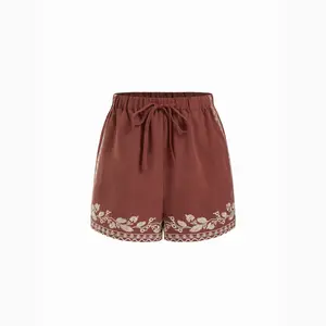 Cider Linen-blend Mid Rise Elastic Waist Aztec Embroidery Drawstring Shorts SwimWeek
