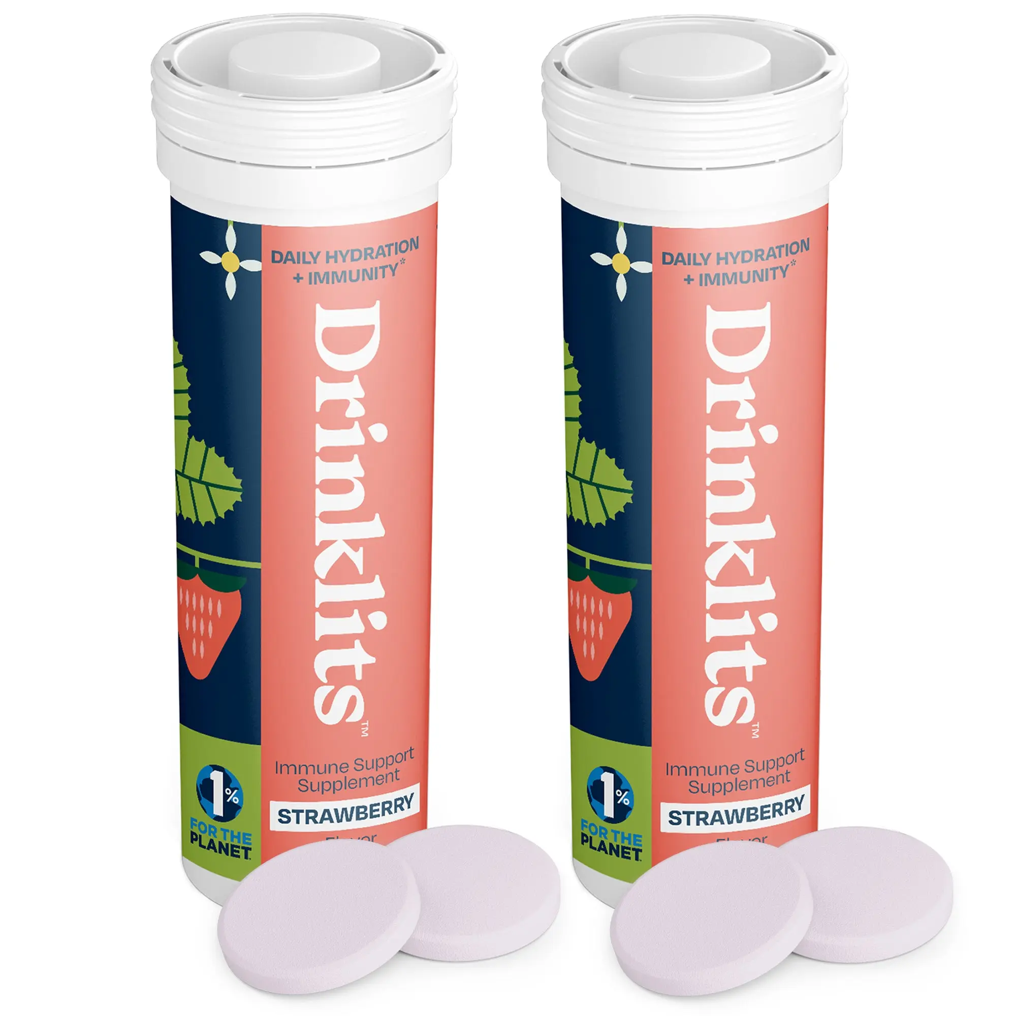 Drinklits Strawberry Immune Support Tablets (2) Tube Bundle | Daily Immunity - 0g Sugar - Vitamins - Electrolytes - Herbal Blend | 20 Servings – 10 Tablets per Tube