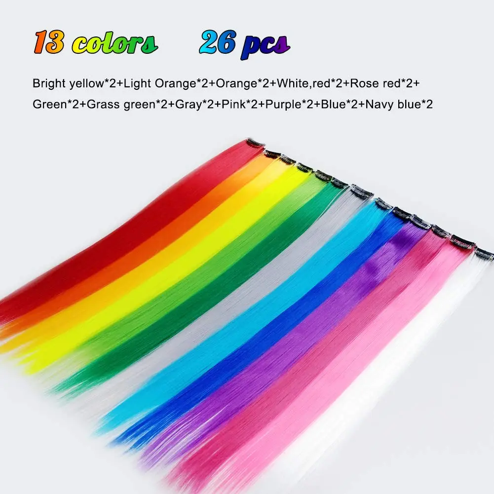 FXMONGYI Colored Hair Extensions 20Inch Straight Color Clip in Hair Extension Rainbow Party Highlights Synthetic Hairpiece