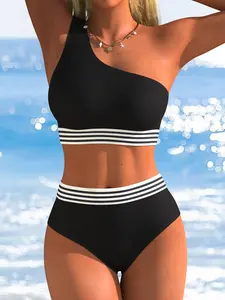 Women's One-Shoulder High-Waisted Bikini Set, Striped Trim Summer Beach Resort Sporty Two-Piece Swimsuit, Casual Fitted Patchwork Design, Striped Bikini Sets