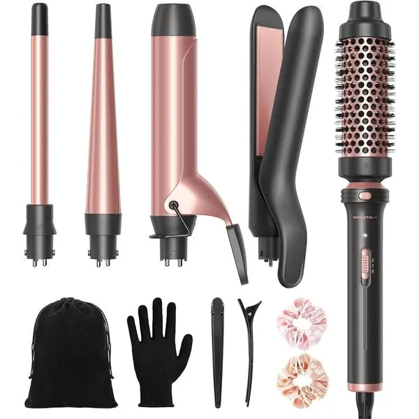 Wavytalk 5 in 1 Curling Iron with Thermal Brush,Flat Iron,Versatile Styling | Interchangeable Curling Iron Set(0.5”-1.25"), Ceramic Curling Iron, Less Damage, Fast Heating Wand Curling Iron, Dual Voltage