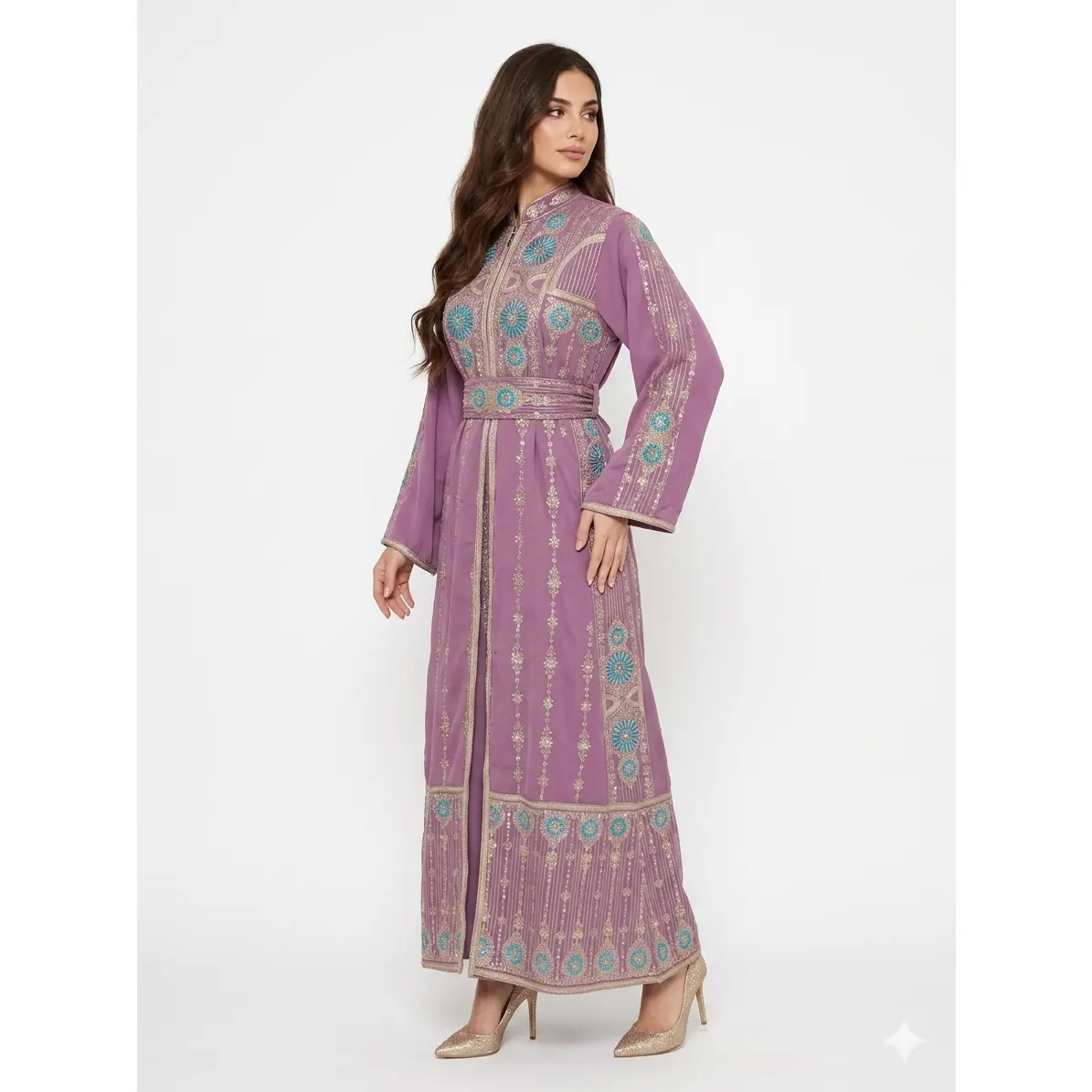 Lightweight Embroidered Abaya Set with Belt – Teal & Lavender