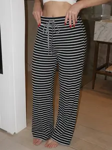 Women's Black and White Striped Wide Leg Pants, Ladies High Waist Elastic Drawstring Trousers, Casual Rib-Knit Straight Leg Slacks, Trendy Lightweight Summer Lounge Pants Womenswear
