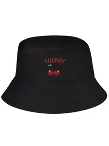 CHEBYY Unisex Polyester Casual Bucket Hat, Cherry Graphic & Letter Print, Versatile for Spring Summer Camping, Beach Trips, Cherry Print