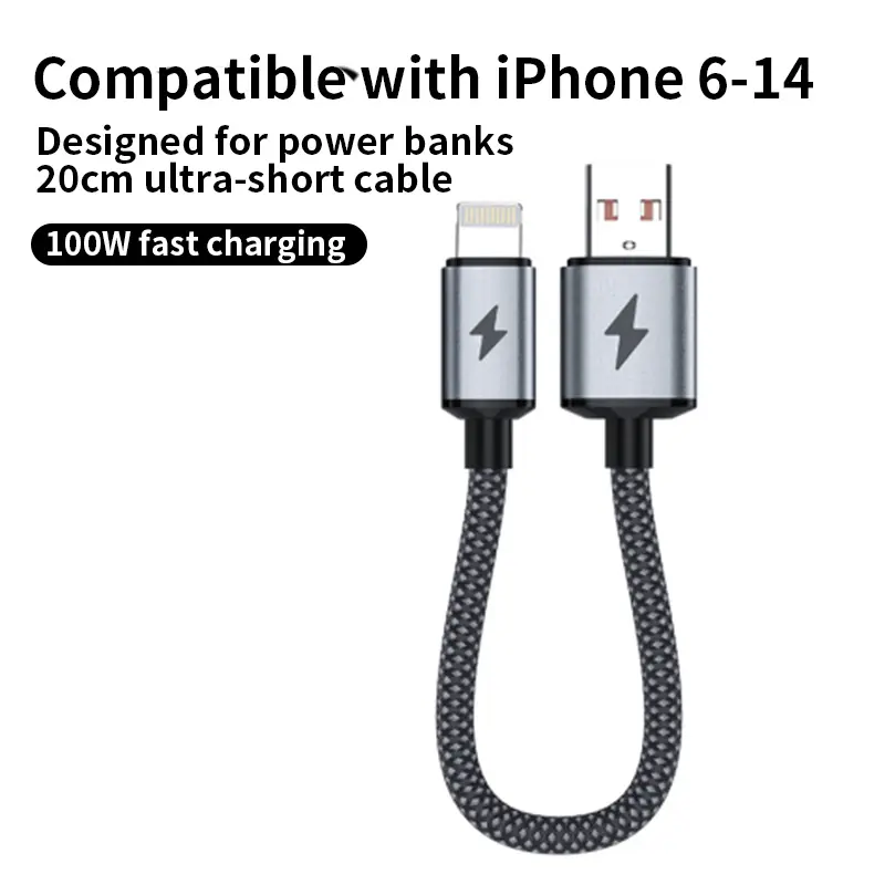 Kaxoe Mobile USB-A to Lightning Cable - 8inch(20CM) Braided Magnetic Short Cable, 100W PD Fast Charging, Compatible with iPhone 6-14 Plus Pro Max, Power Bank Use for Home Hiking
