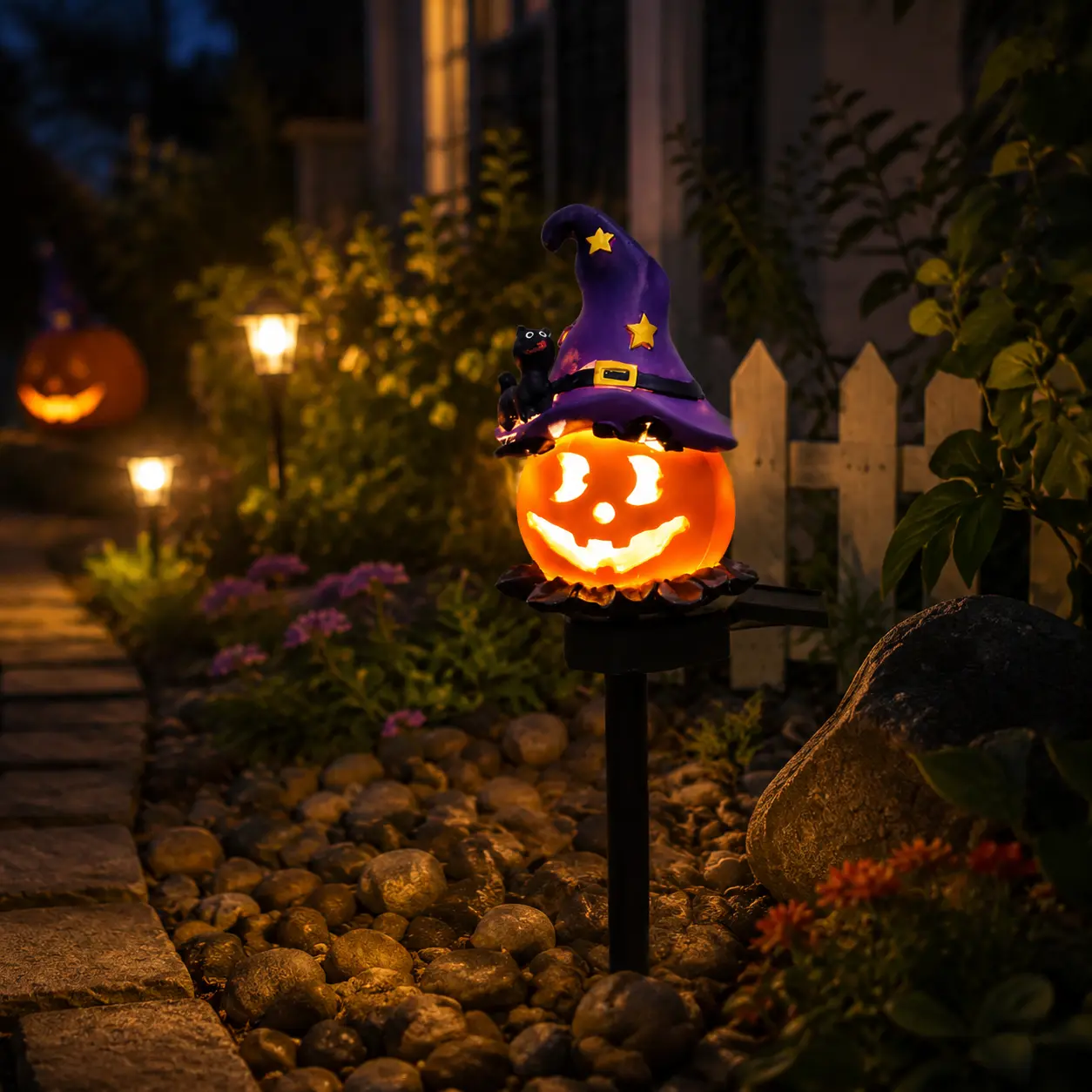 Solar Wizards Solar-Powered Pumpkin Ground Stake Light - Halloween Outdoor Garden Decor with Witch Hat, Jack O' Lantern & Black Cat, Glowing LED for Yd, Patio, Pathway, Front Porch