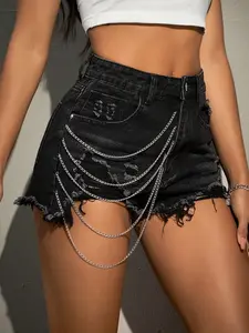 Women's Casual Denim Shorts Breathable Mid-Waist Zipper Straight Leg Fit Jeans, Y2K Ripped Chain Aesthetic Style, Summer Daily Wear Comfort