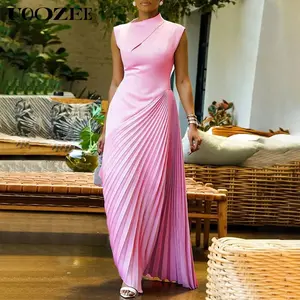 UOOZEE Women's High Waisted Sleeveless Asymmetrical Pleated Solid Color Mock Neck Maxi Dress, Drape Elegant and Delicate Maxi Dress, No Elastic and Small Bust, One Size Up Recommended for C - Cup and Above event  dress