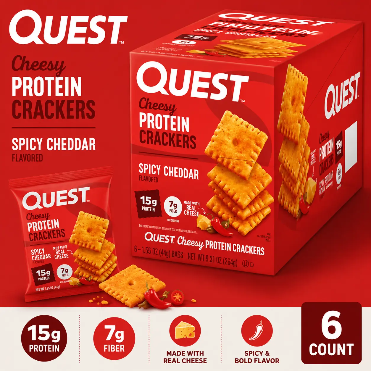 Quest Protein Cheesy Crackers Spicy Cheddar 1.59 oz 6 Count High Protein Cheese Snack Crackers