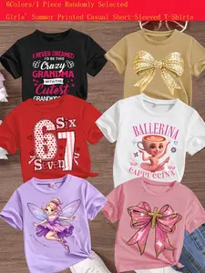 Girls Summer Trendy Butterfly Knot Print Short Sleeve T-Shirt, Comfortable Versatile Loose Fit, Random Style, Casual Fashion Gift