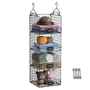 Metal Stackable Wire Storage Baskets 1PC 4 Tier with Hanging Hooks, 5 Hooks & Closet Organizer for Sweaters, Shoes, Handbags, Clutches, Shelf Racks