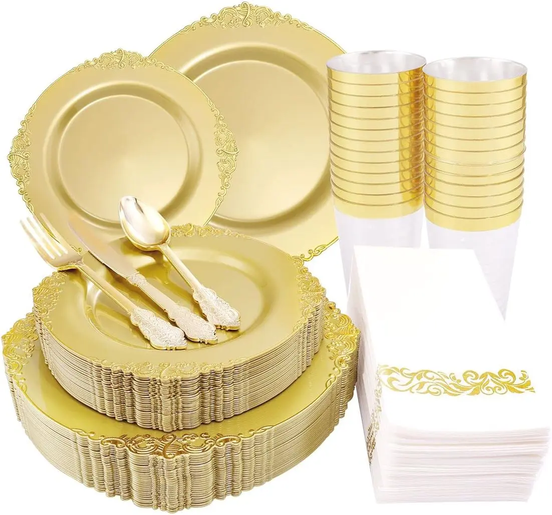 175 count Solid  Plastic Plates with  Rimgold disposable dinnerware sets Include 25 Dinner Plates,25 Dessert Plates,25 Cutlery Sets,25 Napkins  for Party & Thanksgiving