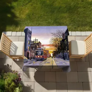 360 Stand 58x58 in Water Resistant Sunset Theme Toronto Street Scenery Tablecloth - Indoor, Outdoor Household Kitchen Linens Textiles Soft Furnishings Decor