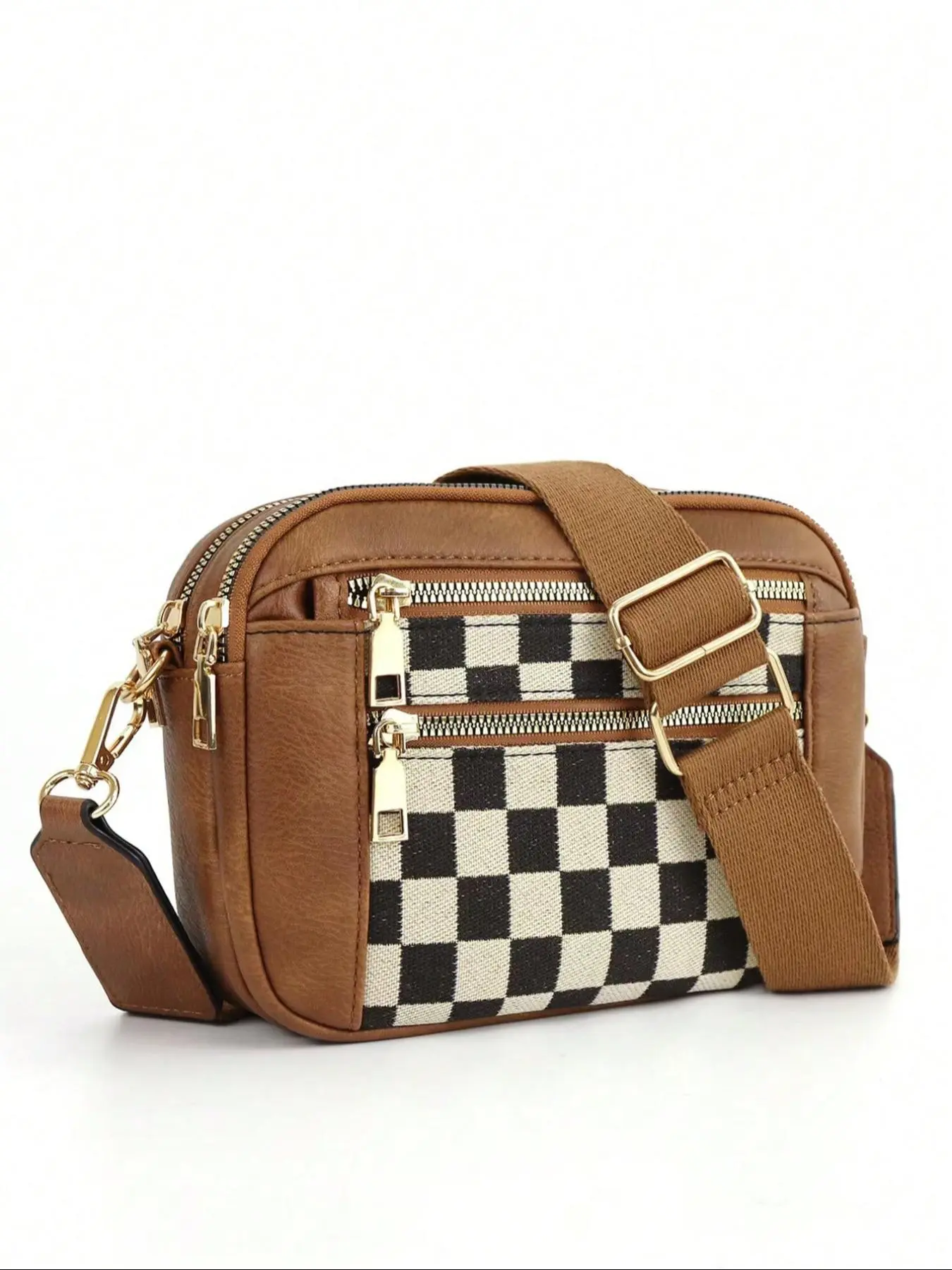 Retro checkerboard stitching one-shoulder handbag  ，double zipper layered adjustable webbing messenger bag, trendy  fashionable casual versatile small square bag, practical and suitable for daily commuting, shopping, etc.